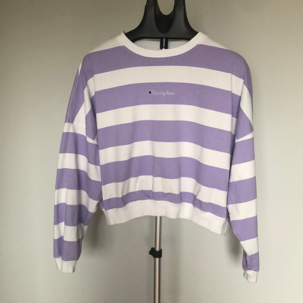 Champion White Purple Striped Cotton Cropped Long Sleeve Top Sz XL